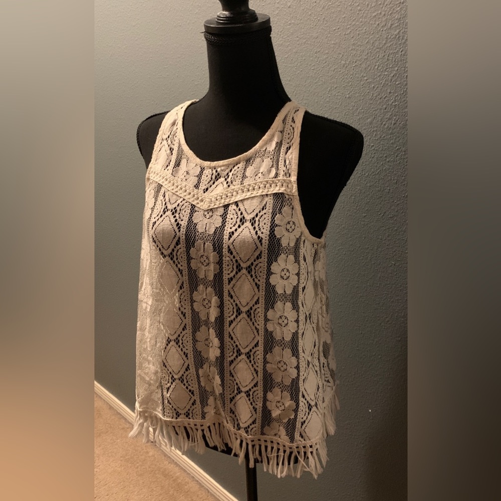 Ivory Lace Racerback Fringed Tank Unlined - Picture 3 of 6